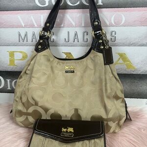 Coach Tan Signature Shoulder Bag with Dark Brown Trim and Wallet